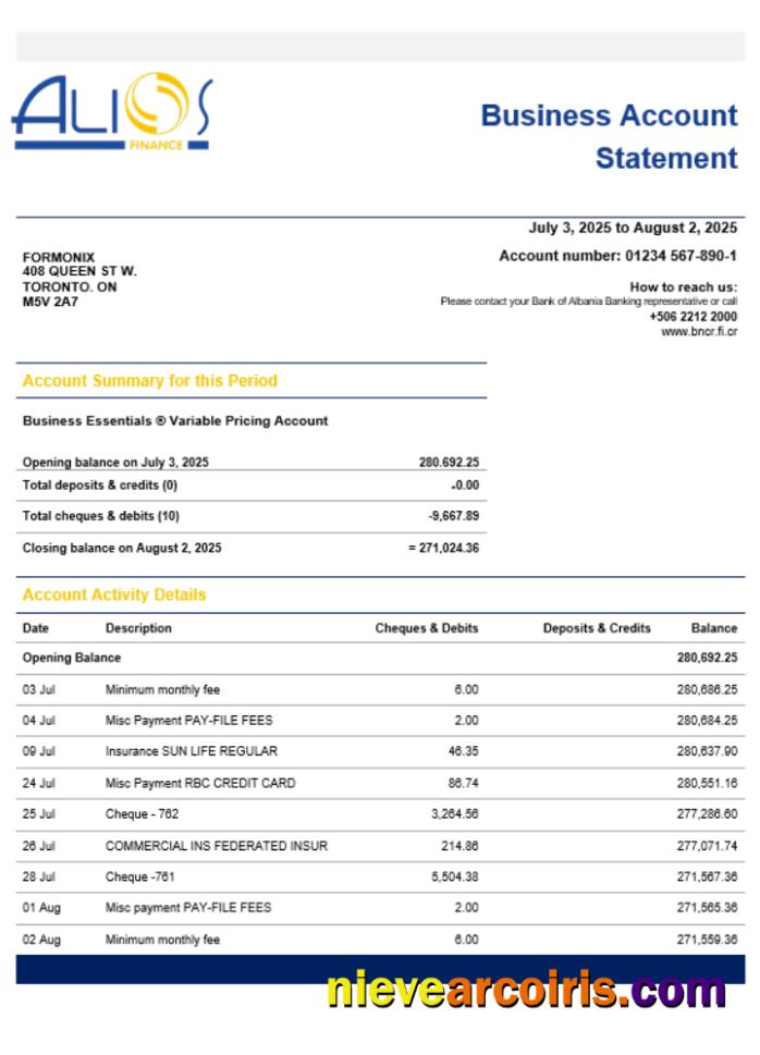 Alios Finance business firm account statement Word snd PDF format